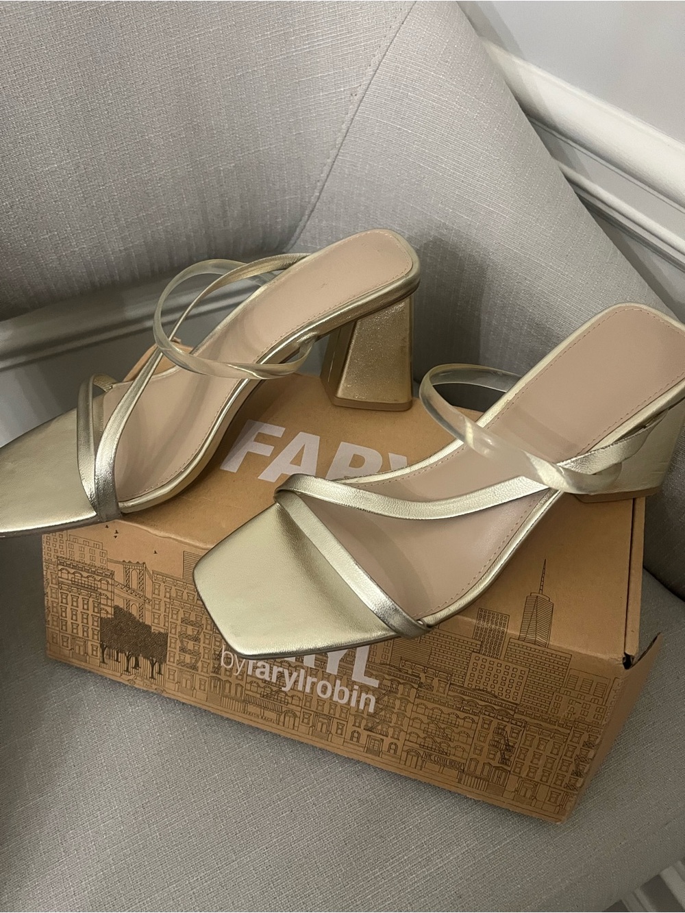 Farylrobin Champagne Metallic Strappy Block Heel Sandals